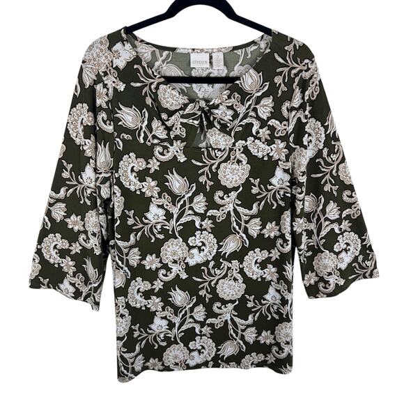 Chico's Green Floral 3/4 Sleeve Stretchy Twisted Detail Pullover Blouse Size L - Picture 2 of 7